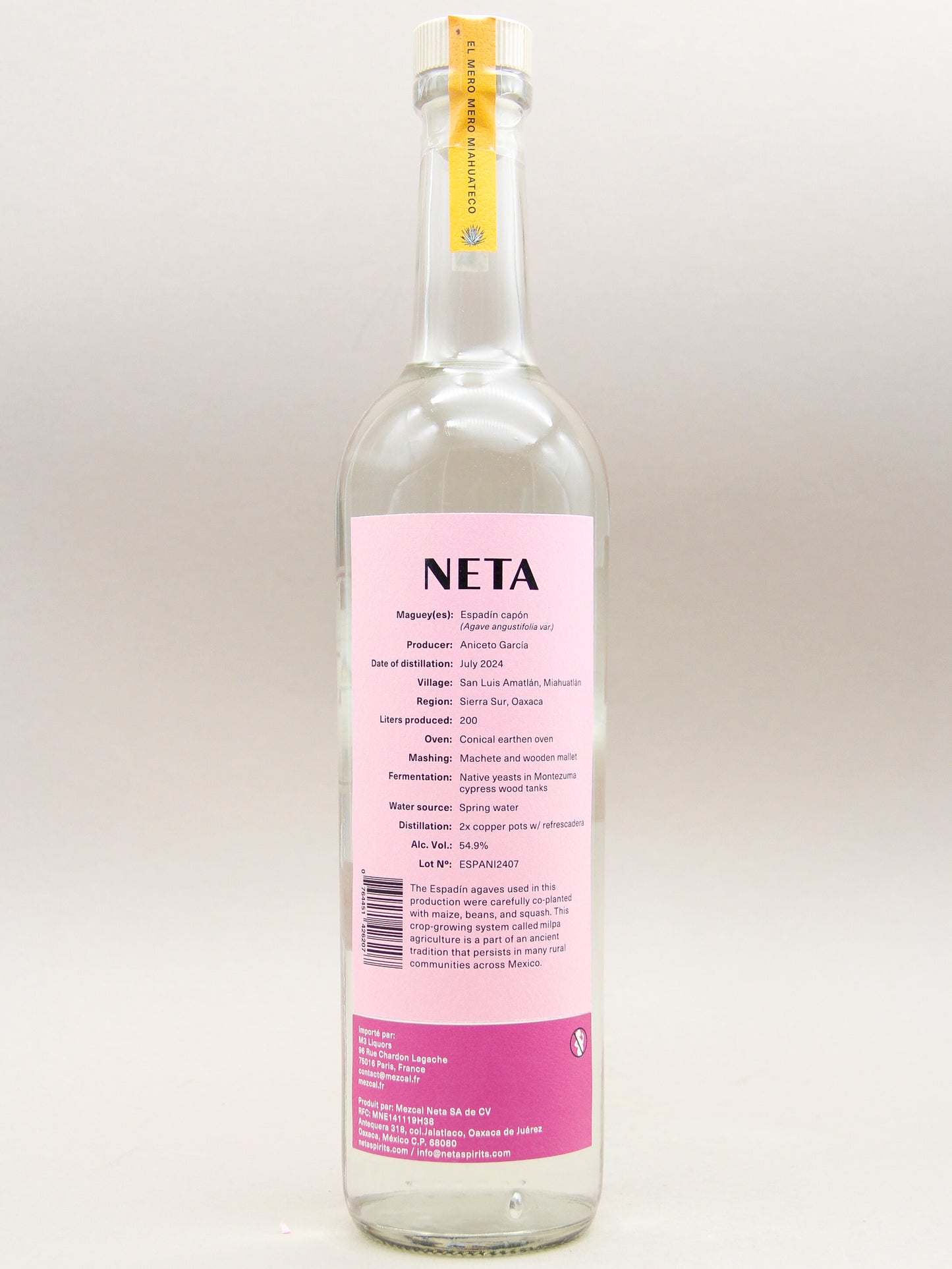 Neta, Espadin Capón, Destilado De 100% Agave, Aniceto García, Miahuatlán Oaxaca July 2024(54,9%, 70cl)
