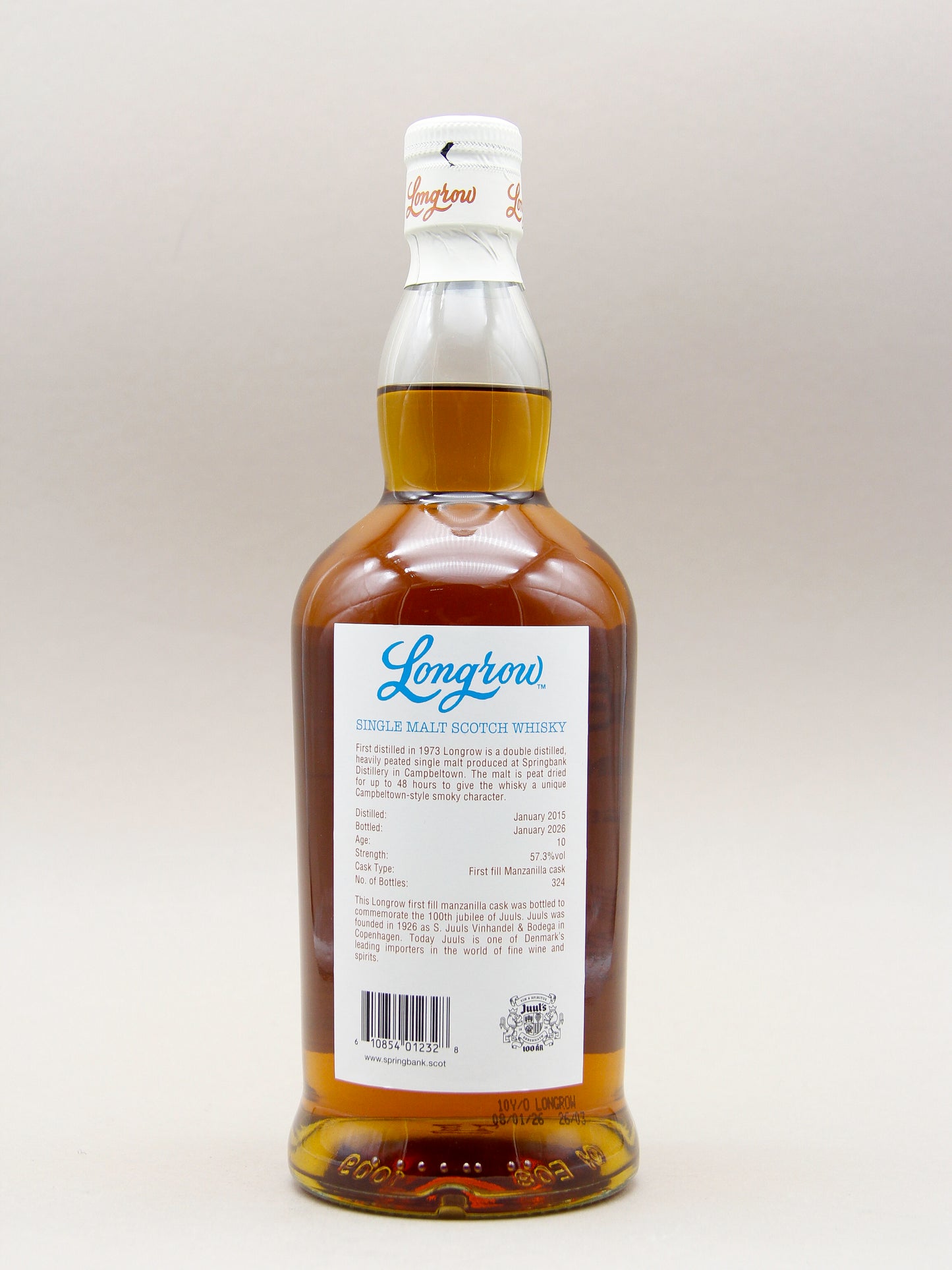 Longrow 10 Years, Single Cask Juuls 100th Anniversary, 1st fill Manzanilla Cask, Campbeltown Scotch Whisky (57.3%, 70cl)