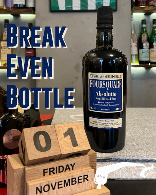 Break Even Bottle - November 2024, Velier Foursquare Absolutio, Single Blended Barbados Rum, Double Maturation (62% - 2cl sample)