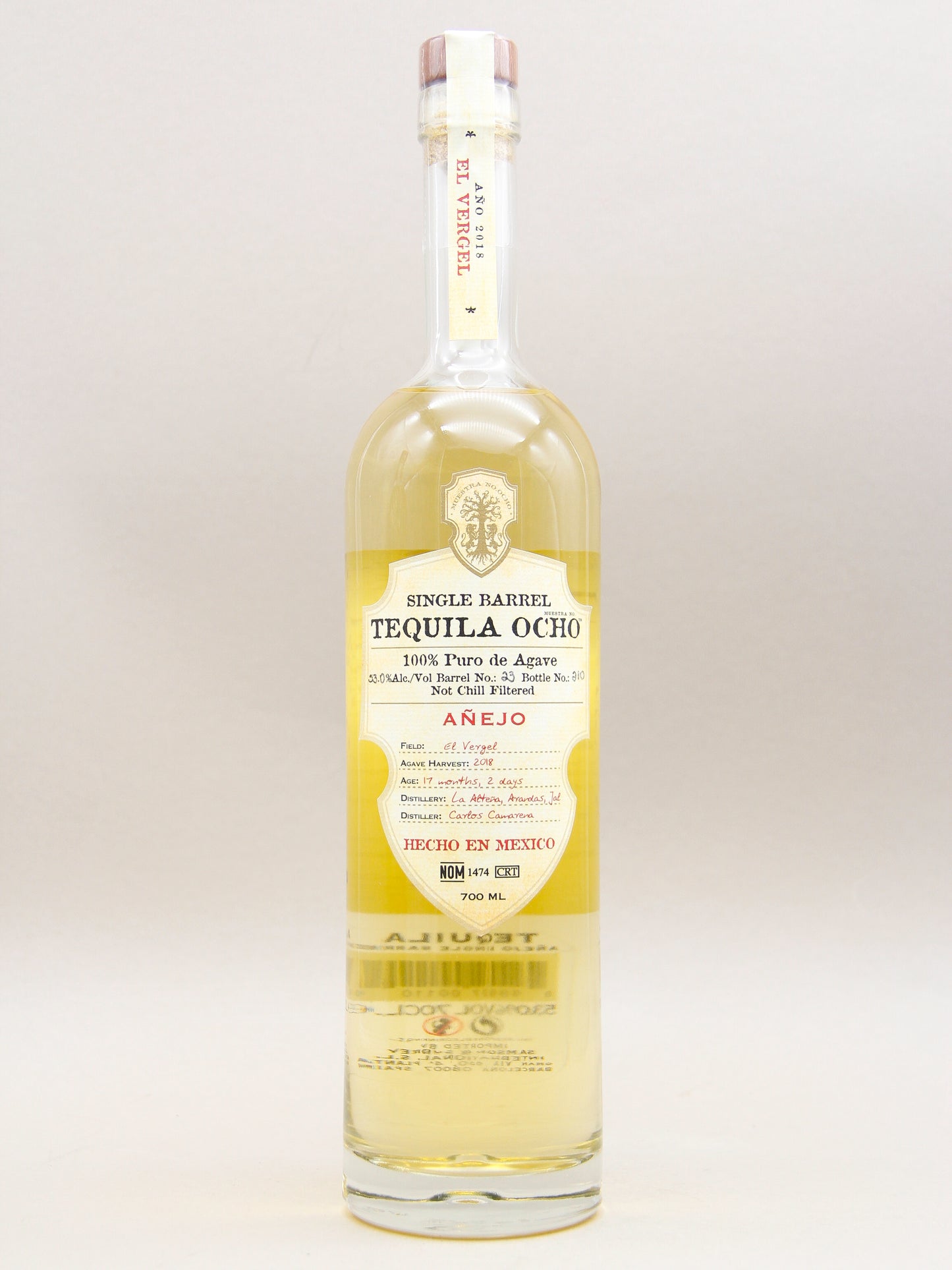 Ocho Tequila Añejo, 2018 El Vergel, Single Barrel No 23, 100% Puro de Agave (53%, 70cl)