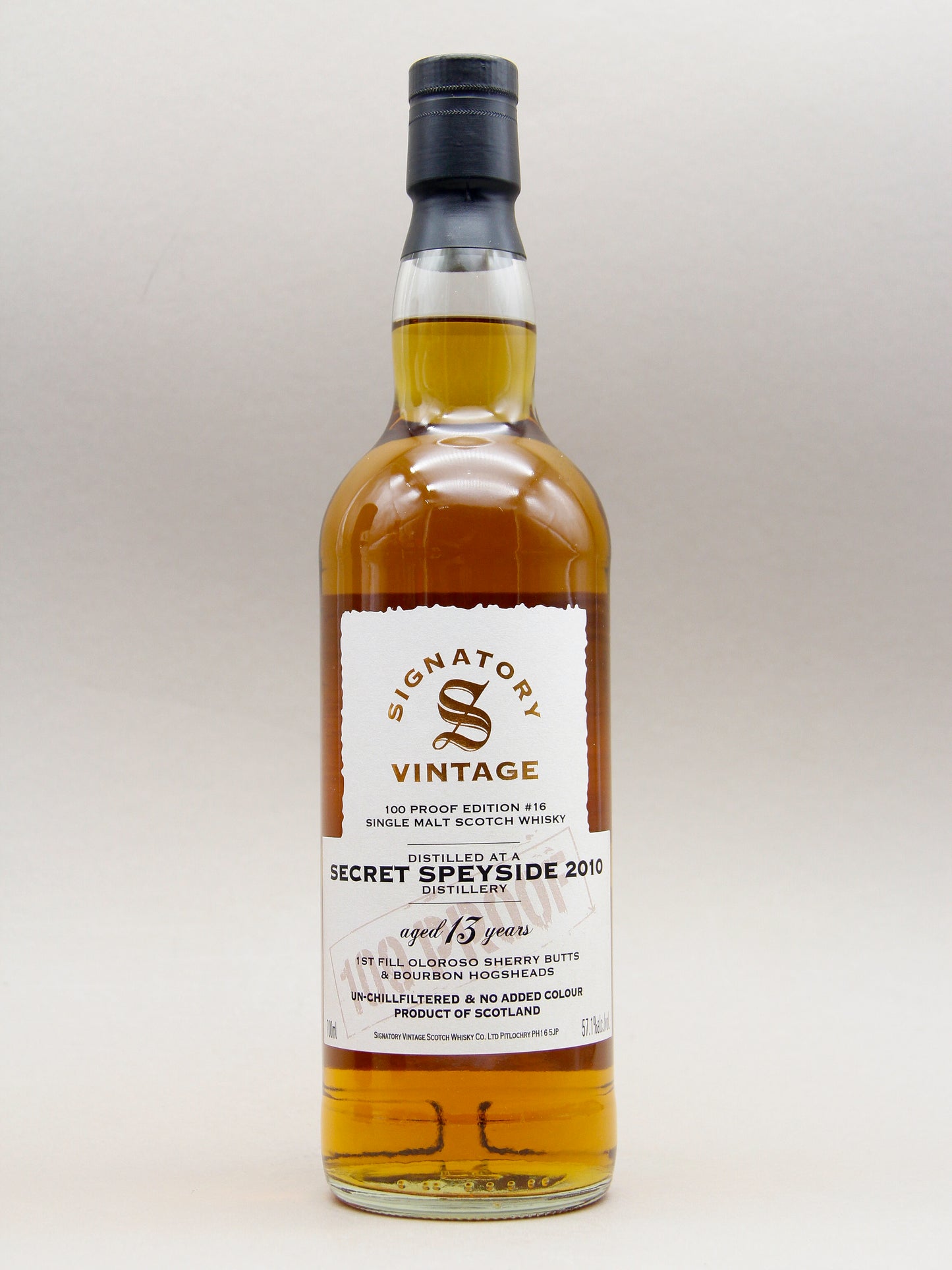 Signatory Vintage, Secret Speyside 2010, 100 Proof Edition #16, Aged 13 years, 1st Fill Oloroso Sherry Butts & Bourbon Hogsheads, Single Malt Scotch Whisky (57.1%, 70cl)