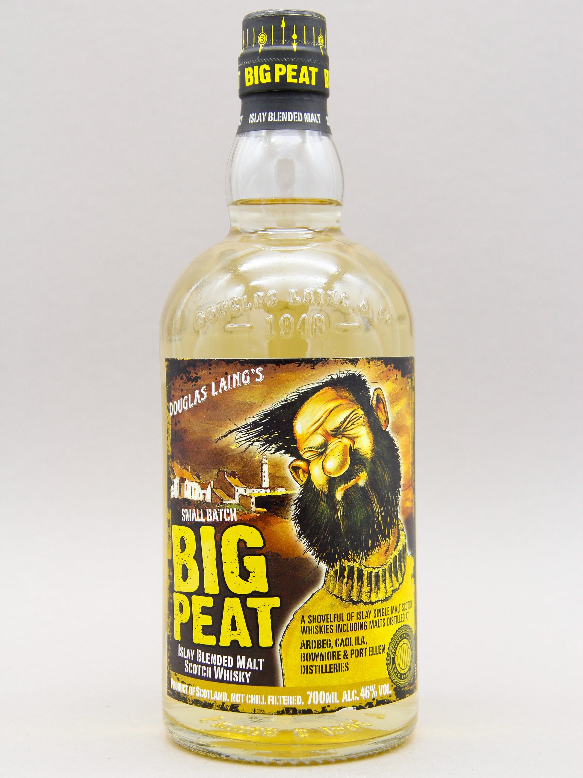 Bottle of Big Peat whisky with a label featuring a face and text on a white background