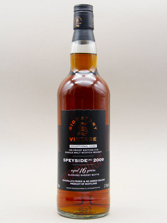 Signatory Vintage, Exceptional Cask, Speyside (M) 2009, 100 Proof Edition #15, Aged 16 years, Oloroso Sherry Butts, Single Malt Scotch Whisky (57.1%, 70cl)
