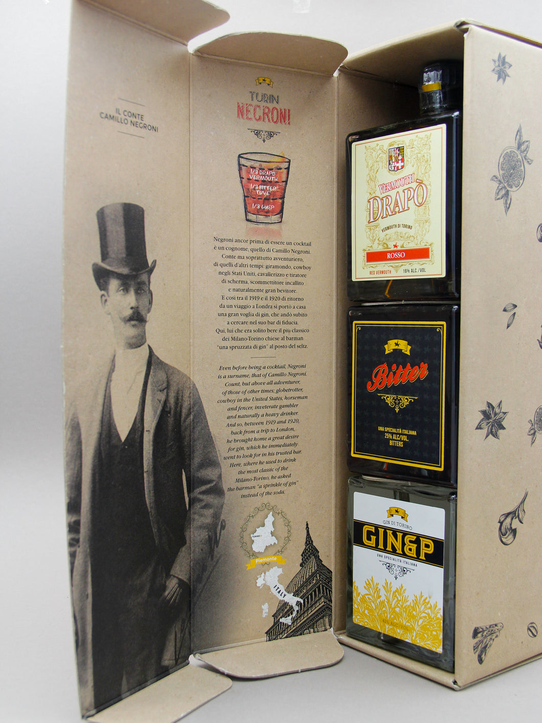 Turin Negroni Gift Set - Gin&P Gin (42%, 50cl), Drapo Rosso Vermouth (16%, 50cl), Tuve Bitter (25%, 50cl)